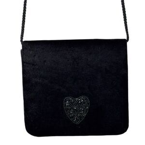 Chic Small Black Velvet Crossbody Bag with Beaded Heart Detail